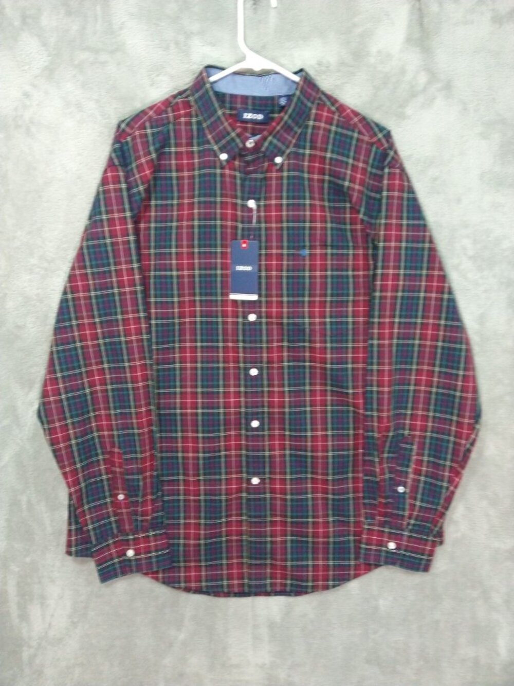 Izod Shirt Mens XL Red Green Plaid Tartan Button Down Long Sleeve Casual